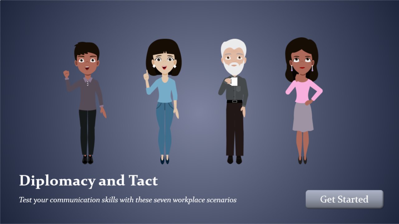 Title screen of the Diplomacy and Tact course, with four illustrated coworkers standing in a row.